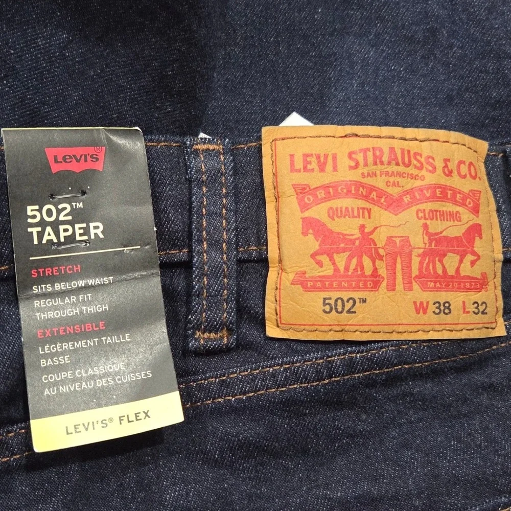 Levis 502 Taper Mens 38x32 Dark Wash Indigo Blue Flex Stretch Jeans Zip Fly NEW